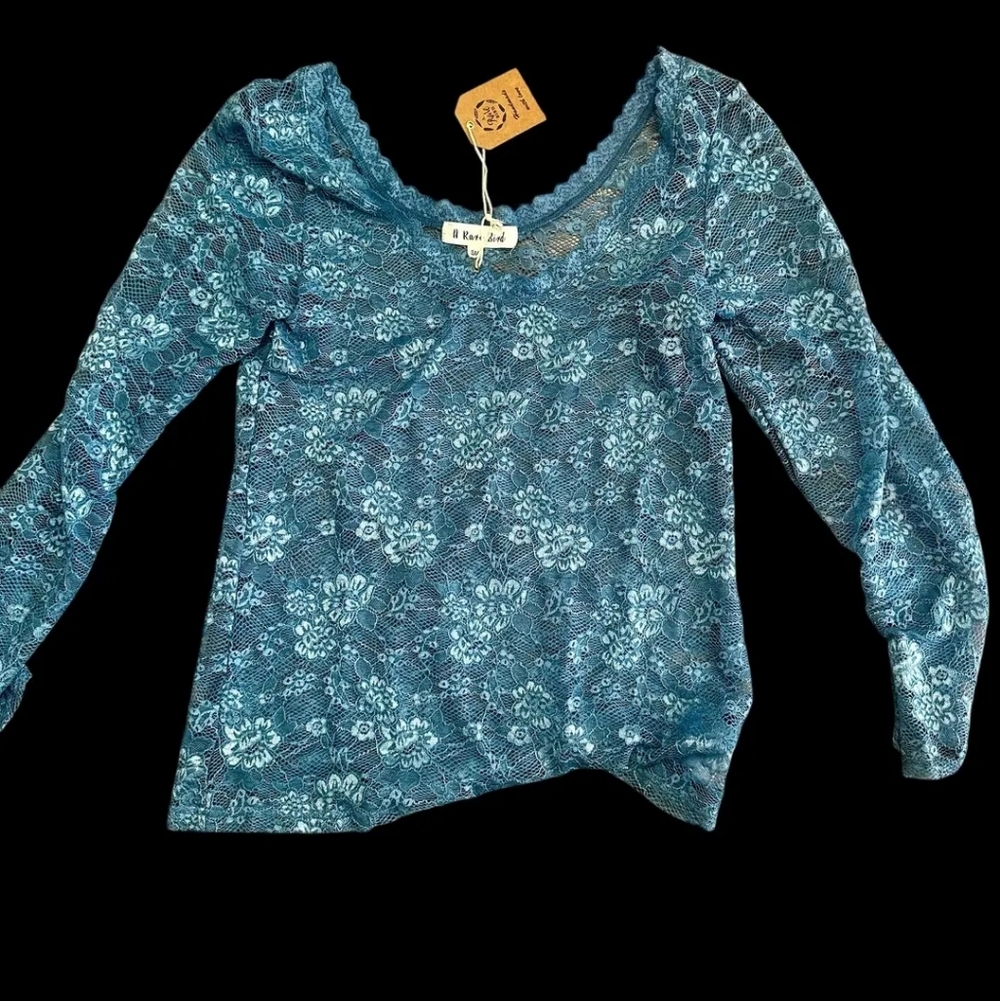 RB33 A Rare Bird Sand Lace Sheer Blue Top